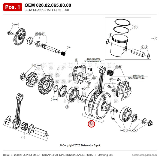 BETA CRANKSHAFT RR 2T 300 – OEM 026.02.065.80.00, position 1 on the Beta RR 250 2T X-PRO MY27 crankshaft/piston/balancer shaft drawing
