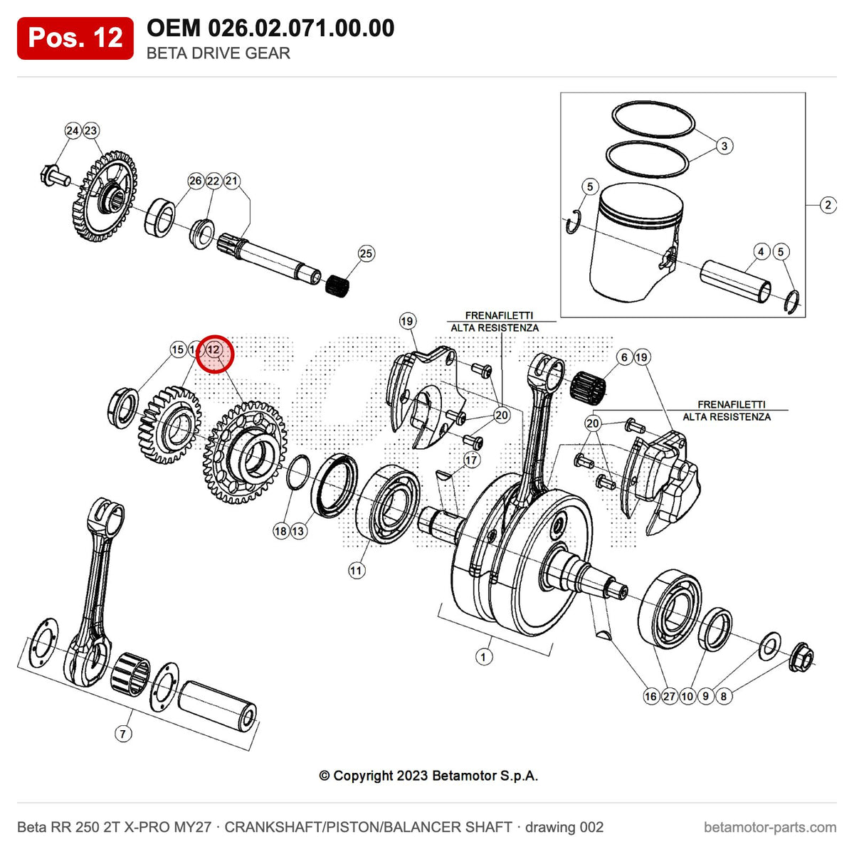 BETA DRIVE GEAR – OEM 026.02.071.00.00, position 12 on the Beta RR 250 2T X-PRO MY27 crankshaft/piston/balancer shaft drawing