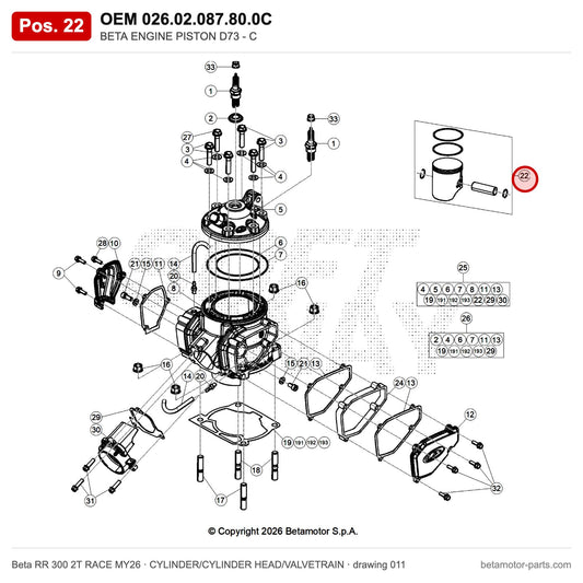 BETA ENGINE PISTON D73 - C – OEM 026.02.087.80.0C, position 22 on the Beta RR 300 2T RACE MY26 cylinder/cylinder head/valvetrain drawing