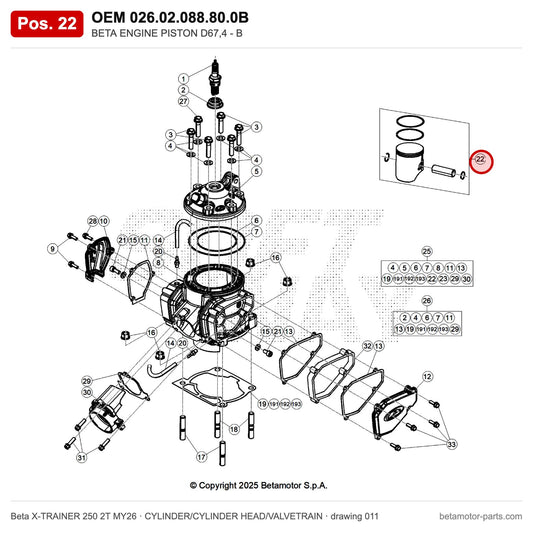 BETA ENGINE PISTON D67,4 - B – OEM 026.02.088.80.0B, position 22 on the Beta X-TRAINER 250 2T MY26 cylinder/cylinder head/valvetrain drawing