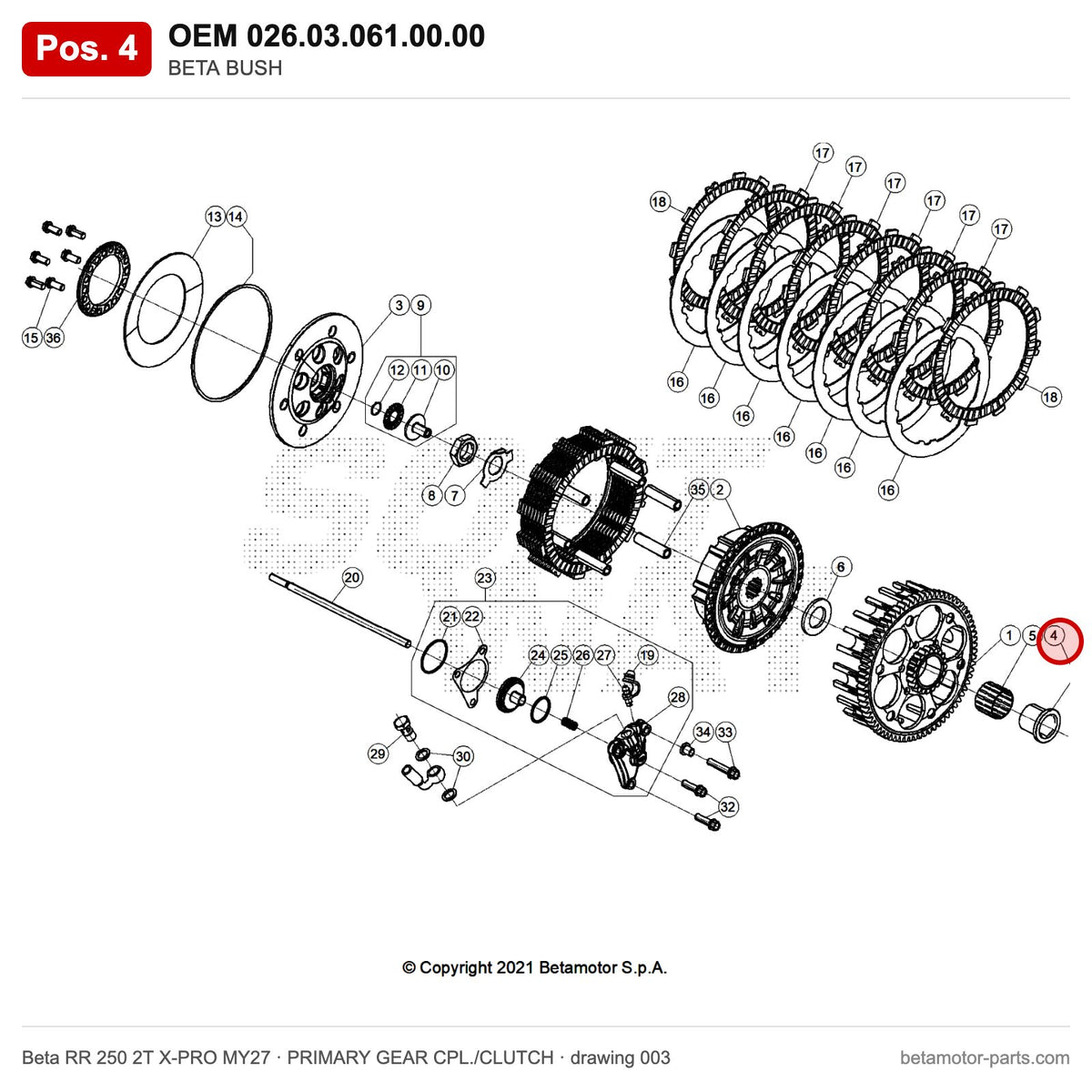 BETA BUSH – OEM 026.03.061.00.00, position 4 on the Beta RR 250 2T X-PRO MY27 primary gear cpl./clutch drawing