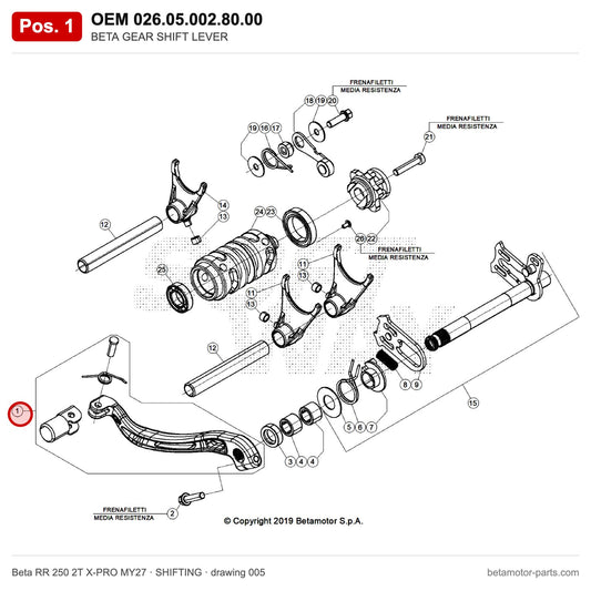 BETA GEAR SHIFT LEVER – OEM 026.05.002.80.00, position 1 on the Beta RR 250 2T X-PRO MY27 shifting drawing