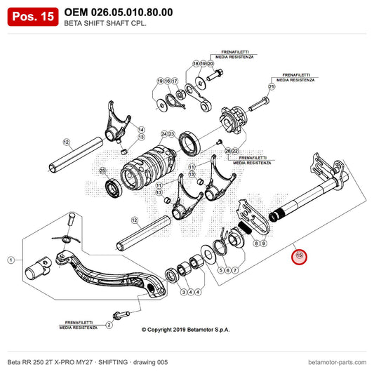 BETA SHIFT SHAFT CPL. – OEM 026.05.010.80.00, position 15 on the Beta RR 250 2T X-PRO MY27 shifting drawing