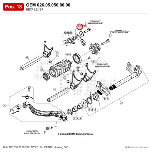 BETA LEVER – OEM 026.05.050.80.00, position 18 on the Beta RR 250 2T X-PRO MY27 shifting drawing