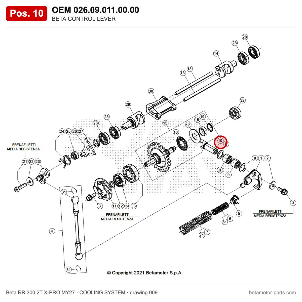 BETA CONTROL LEVER – OEM 026.09.011.00.00, position 10 on the Beta RR 300 2T X-PRO MY27 cooling system drawing