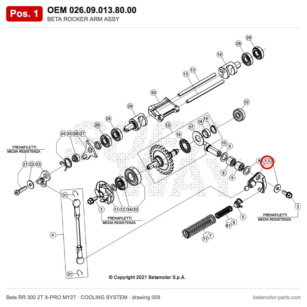 BETA ROCKER ARM ASSY – OEM 026.09.013.80.00, position 1 on the Beta RR 300 2T X-PRO MY27 cooling system drawing