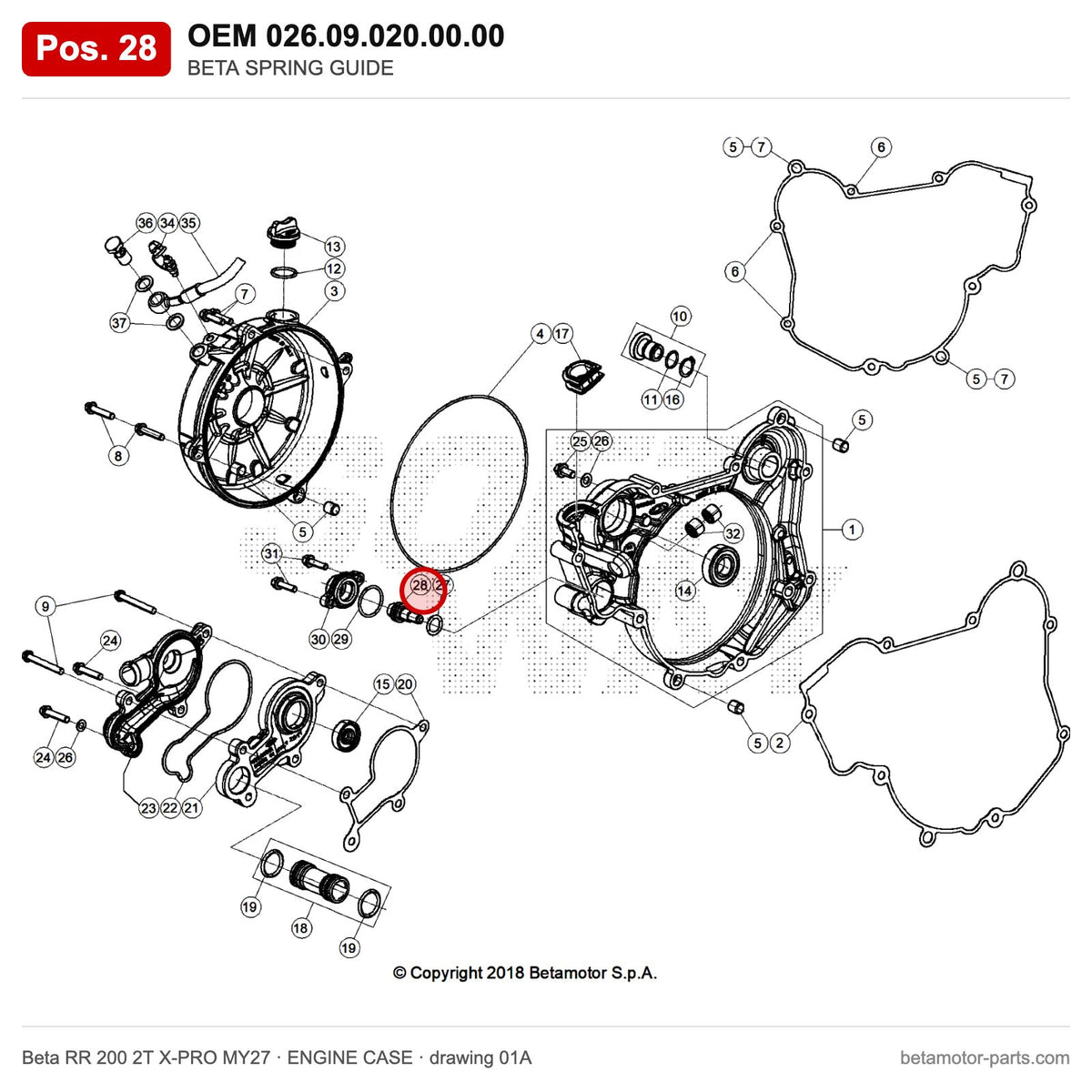 BETA SPRING GUIDE – OEM 026.09.020.00.00, position 28 on the Beta RR 200 2T X-PRO MY27 engine case drawing