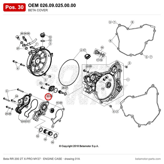 BETA COVER – OEM 026.09.025.00.00, position 30 on the Beta RR 200 2T X-PRO MY27 engine case drawing