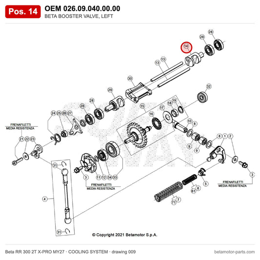 BETA BOOSTER VALVE, LEFT – OEM 026.09.040.00.00, position 14 on the Beta RR 300 2T X-PRO MY27 cooling system drawing