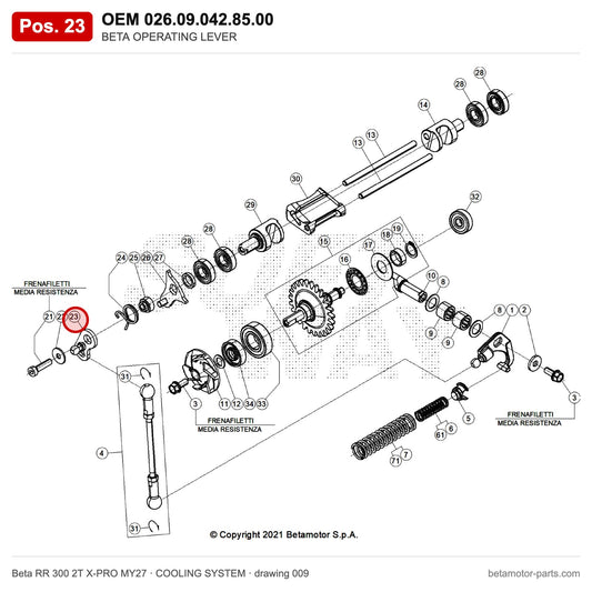 BETA OPERATING LEVER – OEM 026.09.042.85.00, position 23 on the Beta RR 300 2T X-PRO MY27 cooling system drawing