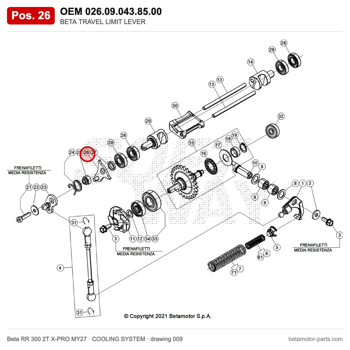BETA TRAVEL LIMIT LEVER – OEM 026.09.043.85.00, position 26 on the Beta RR 300 2T X-PRO MY27 cooling system drawing