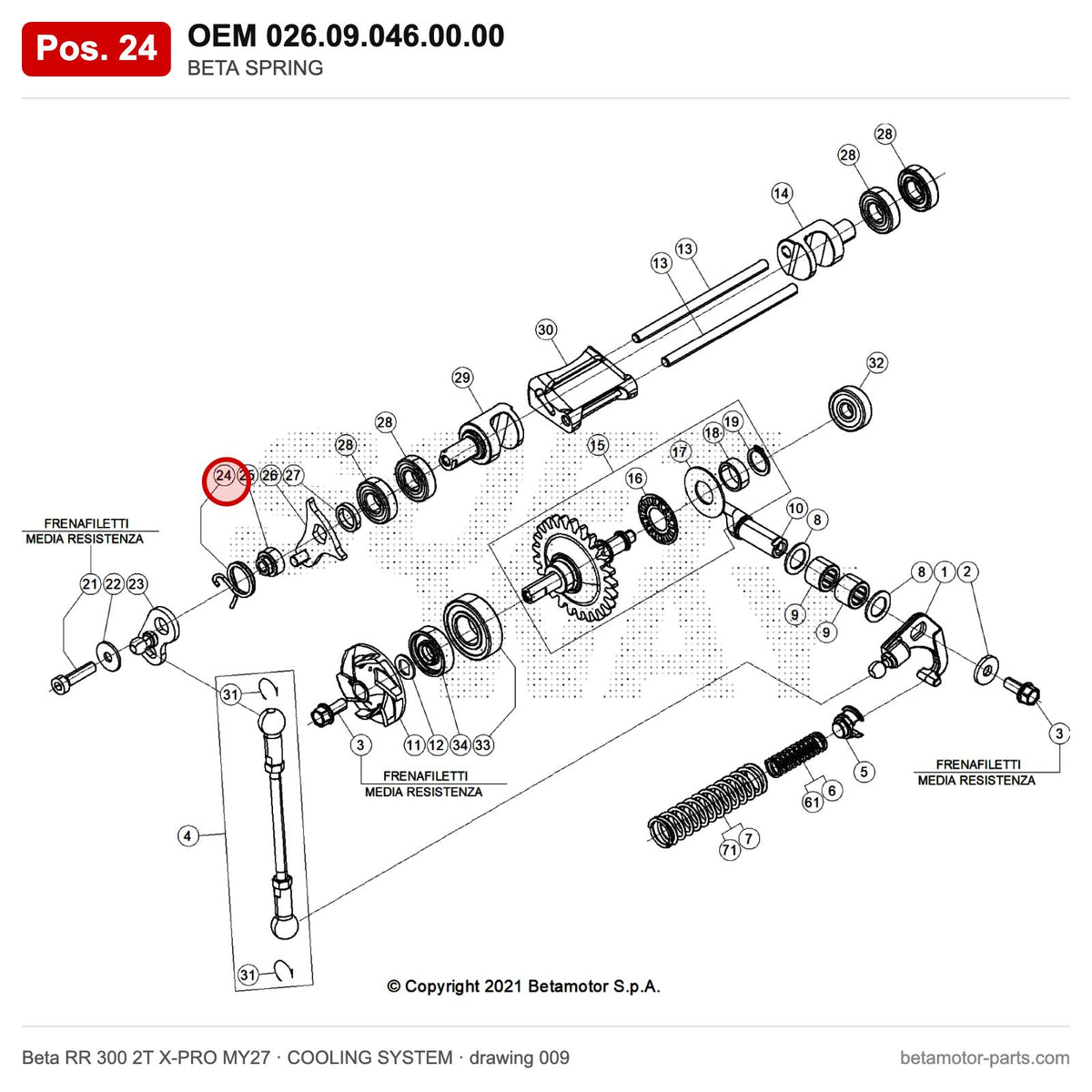 BETA SPRING – OEM 026.09.046.00.00, position 24 on the Beta RR 300 2T X-PRO MY27 cooling system drawing
