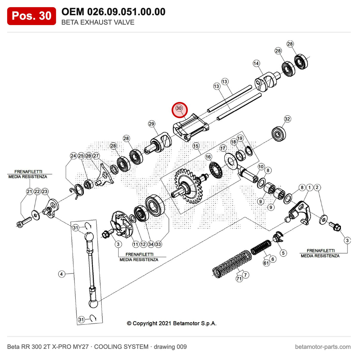 BETA EXHAUST VALVE – OEM 026.09.051.00.00, position 30 on the Beta RR 300 2T X-PRO MY27 cooling system drawing