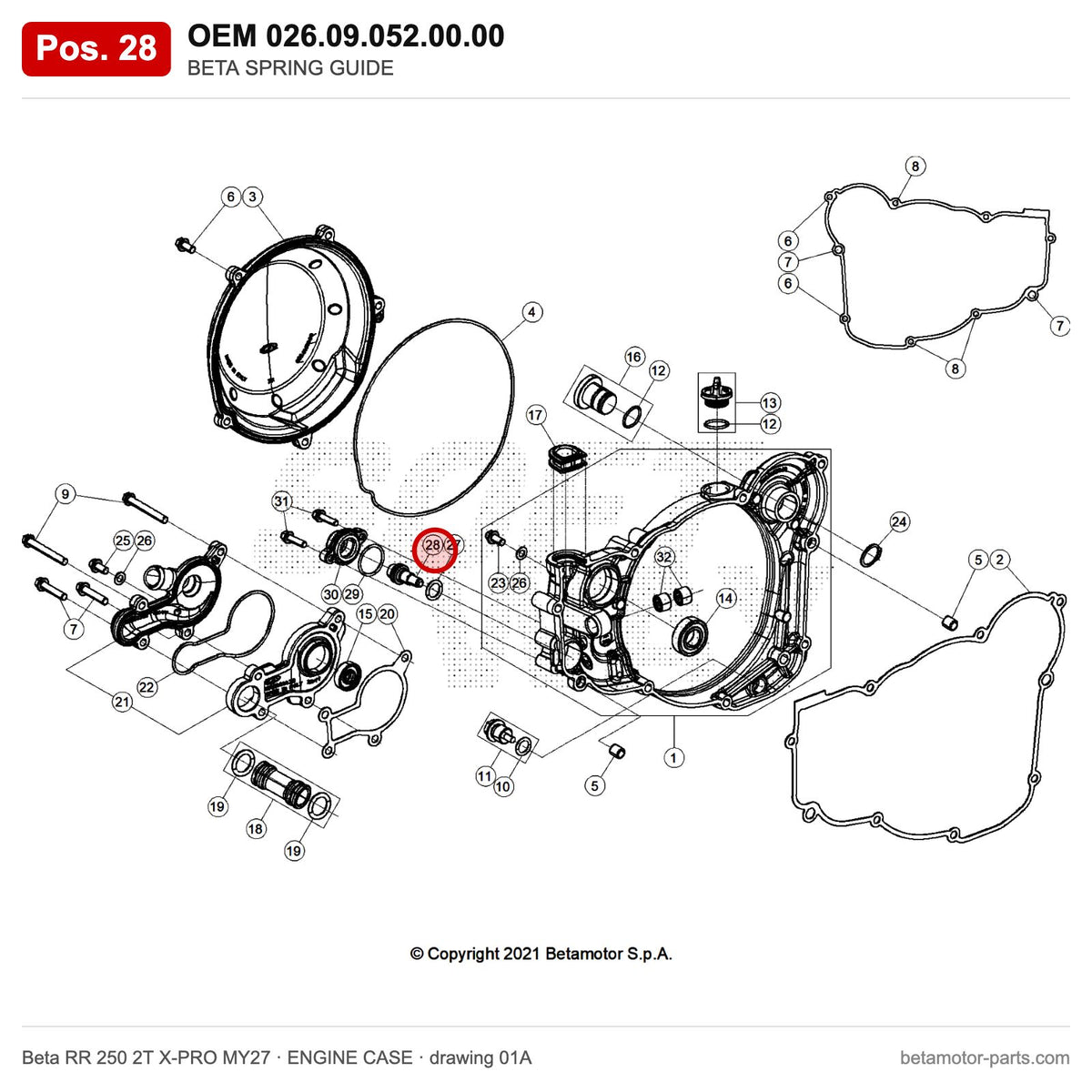 BETA SPRING GUIDE – OEM 026.09.052.00.00, position 28 on the Beta RR 250 2T X-PRO MY27 engine case drawing