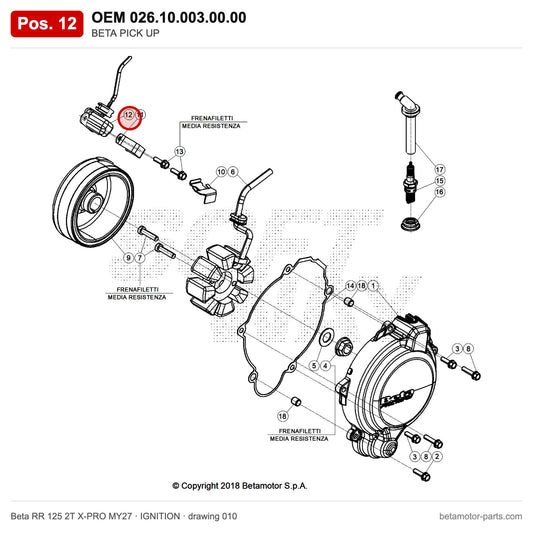 BETA PICK UP – OEM 026.10.003.00.00, position 12 on the Beta RR 125 2T X-PRO MY27 ignition drawing