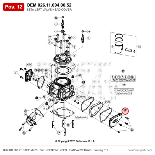 BETA LEFT VALVE HEAD COVER – OEM 026.11.004.00.52, position 12 on the Beta RR 300 2T RACE MY26 cylinder/cylinder head/valvetrain drawing