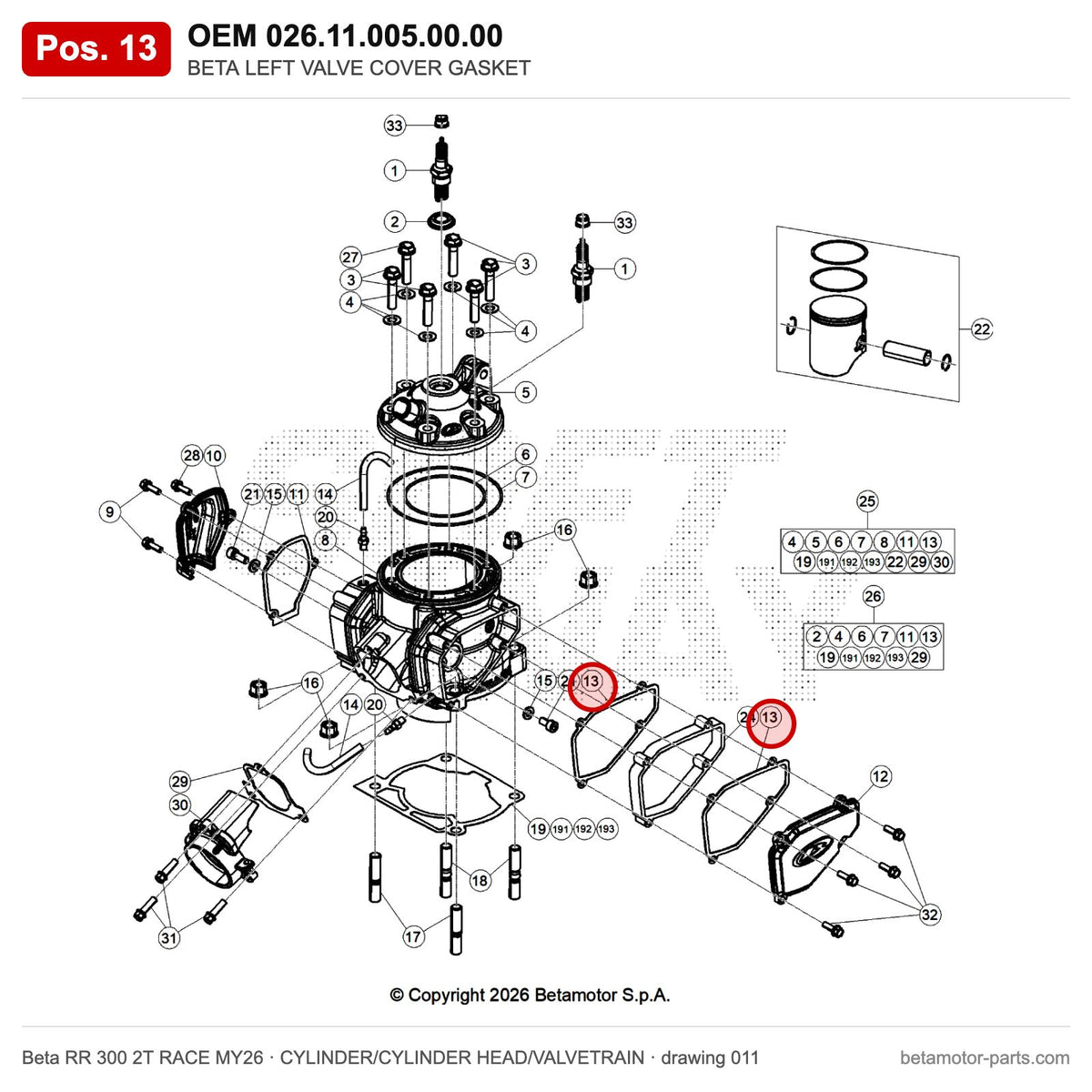 BETA LEFT VALVE COVER GASKET – OEM 026.11.005.00.00, position 13 on the Beta RR 300 2T RACE MY26 cylinder/cylinder head/valvetrain drawing