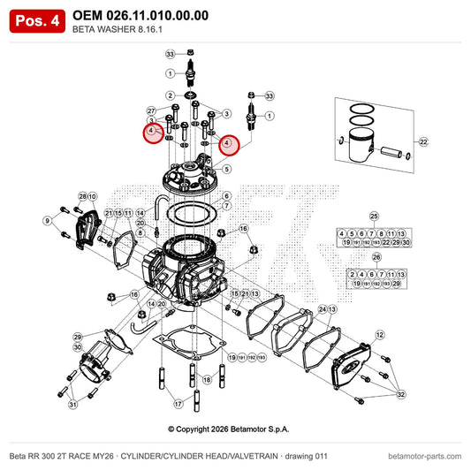 BETA WASHER 8.16.1 – OEM 026.11.010.00.00, position 4 on the Beta RR 300 2T RACE MY26 cylinder/cylinder head/valvetrain drawing
