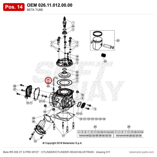 BETA TUBE – OEM 026.11.012.00.00, position 14 on the Beta RR 200 2T X-PRO MY27 cylinder/cylinder head/valvetrain drawing