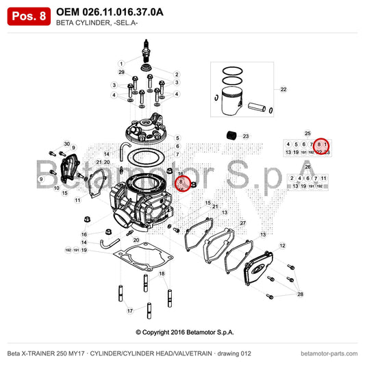 BETA CYLINDER, -SEL.A- – OEM 026.11.016.37.0A, position 8 on the Beta X-TRAINER 250 MY17 cylinder/cylinder head/valvetrain drawing