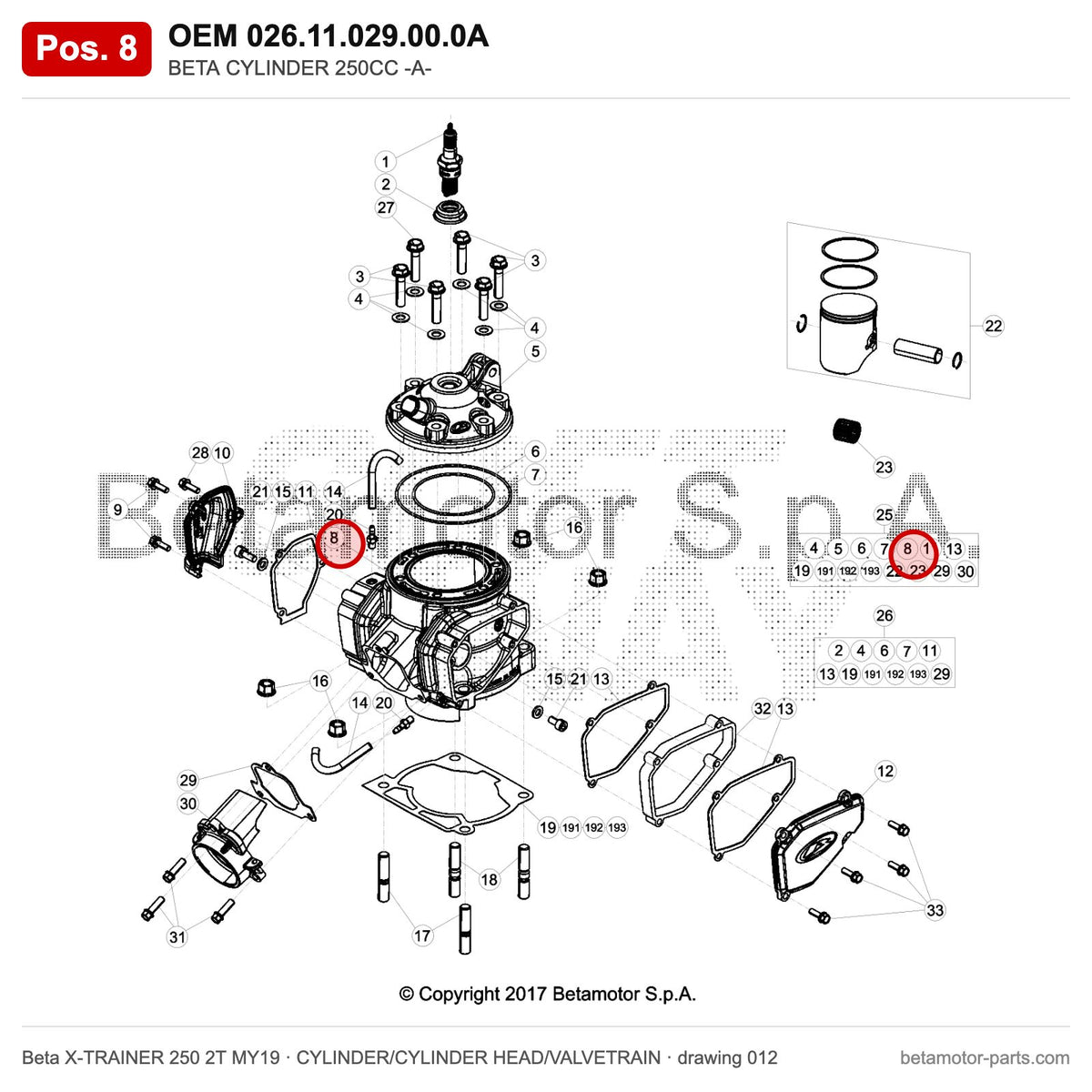 BETA CYLINDER 250CC -A- – OEM 026.11.029.00.0A, position 8 on the Beta X-TRAINER 250 2T MY19 cylinder/cylinder head/valvetrain drawing
