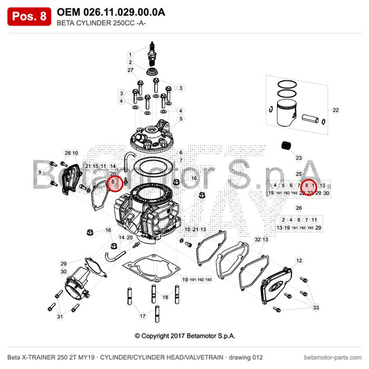 BETA CYLINDER 250CC -A- – OEM 026.11.029.00.0A, position 8 on the Beta X-TRAINER 250 2T MY19 cylinder/cylinder head/valvetrain drawing