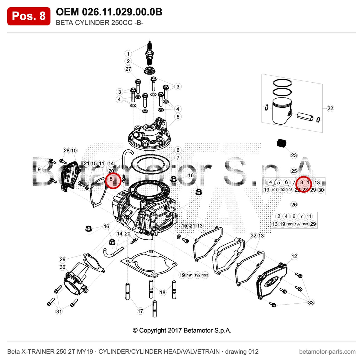 BETA CYLINDER 250CC -B- – OEM 026.11.029.00.0B, position 8 on the Beta X-TRAINER 250 2T MY19 cylinder/cylinder head/valvetrain drawing