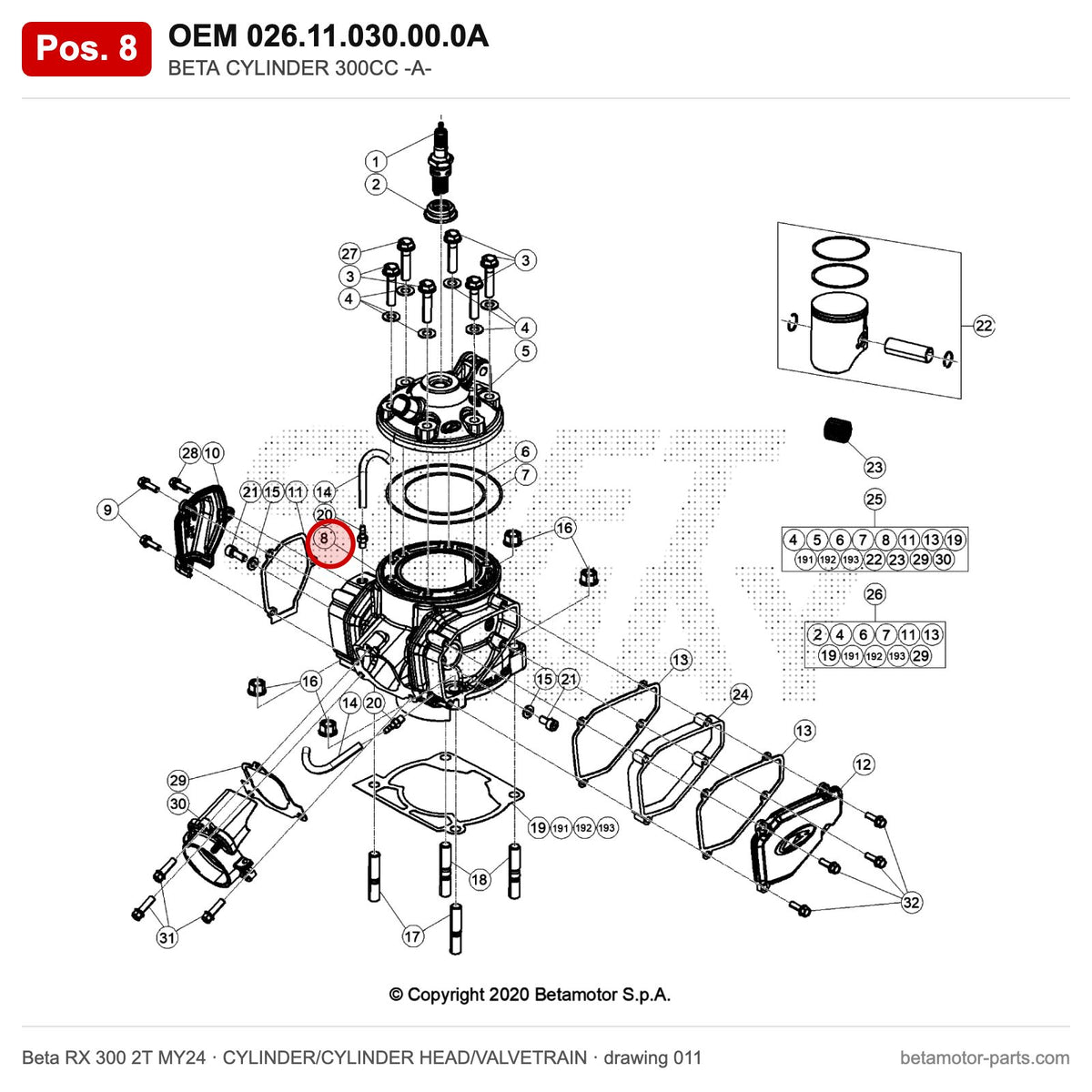 BETA CYLINDER 300CC -A- – OEM 026.11.030.00.0A, position 8 on the Beta RX 300 2T MY24 cylinder/cylinder head/valvetrain drawing