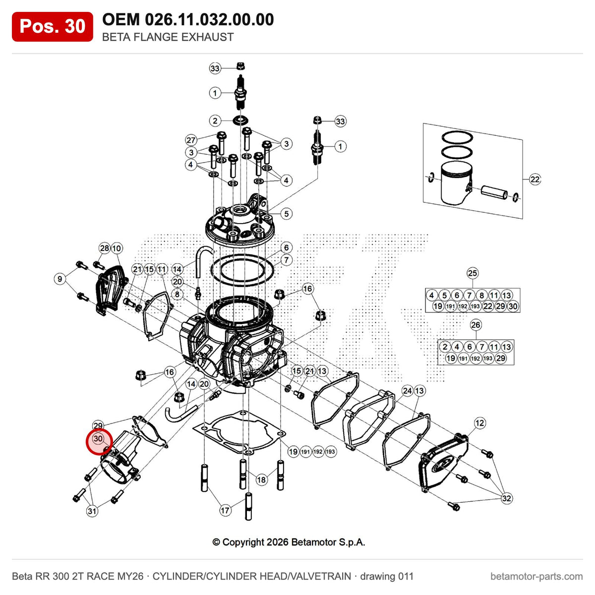 BETA FLANGE EXHAUST – OEM 026.11.032.00.00, position 30 on the Beta RR 300 2T RACE MY26 cylinder/cylinder head/valvetrain drawing