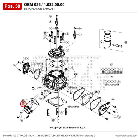 BETA FLANGE EXHAUST – OEM 026.11.032.00.00, position 30 on the Beta RR 300 2T RACE MY26 cylinder/cylinder head/valvetrain drawing