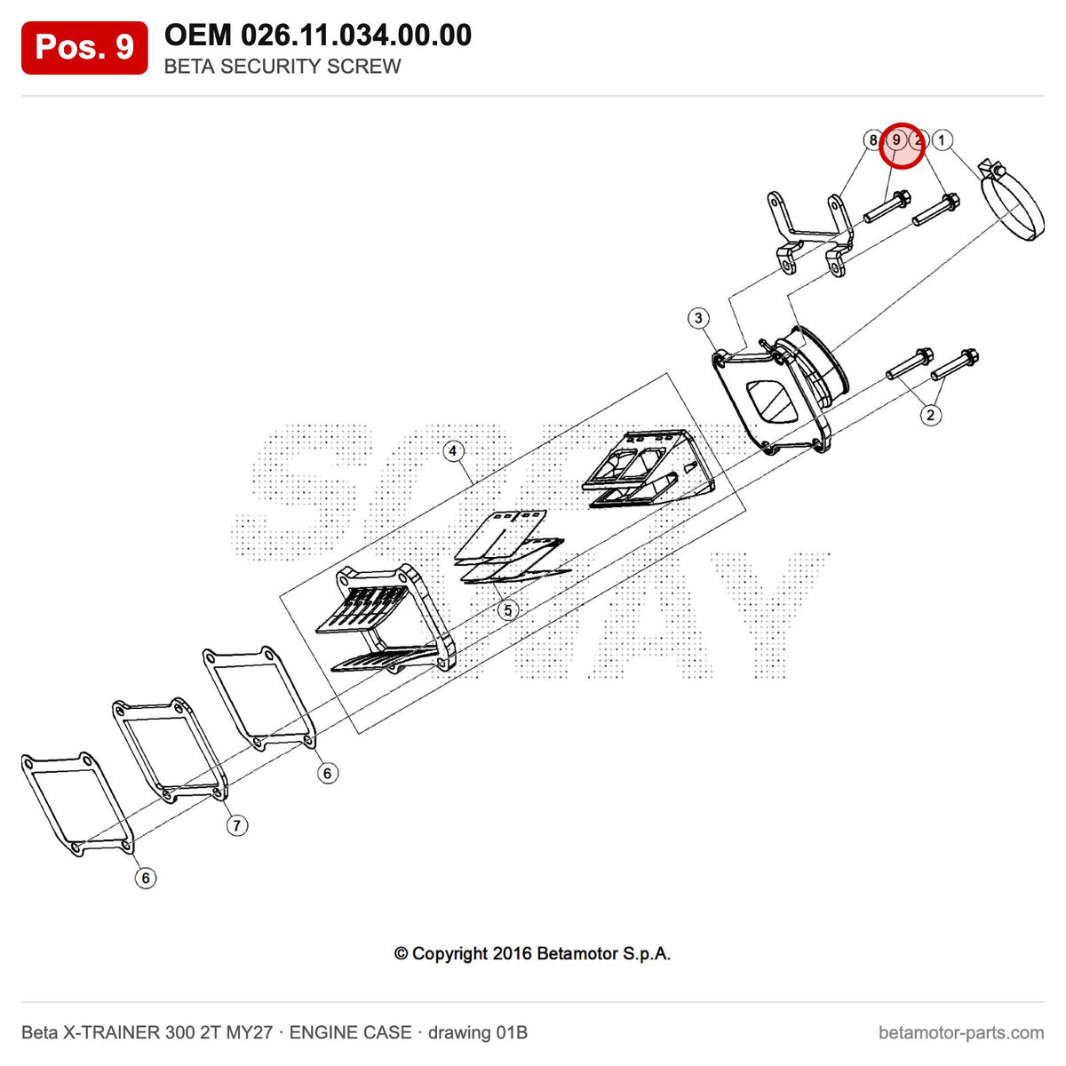 BETA SECURITY SCREW – OEM 026.11.034.00.00, position 9 on the Beta X-TRAINER 300 2T MY27 engine case drawing