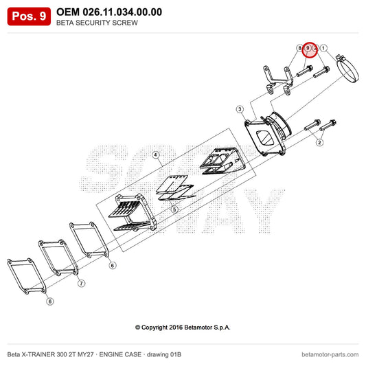BETA SECURITY SCREW – OEM 026.11.034.00.00, position 9 on the Beta X-TRAINER 300 2T MY27 engine case drawing