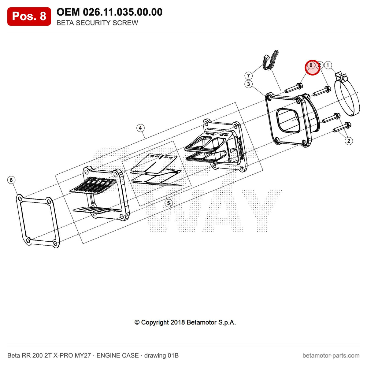 BETA SECURITY SCREW – OEM 026.11.035.00.00, position 8 on the Beta RR 200 2T X-PRO MY27 engine case drawing