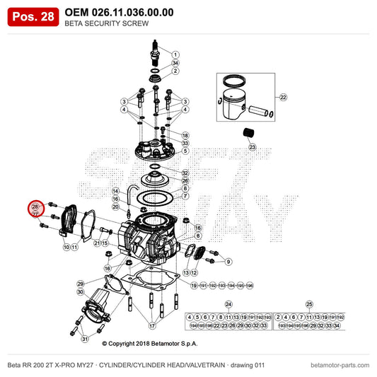 BETA SECURITY SCREW – OEM 026.11.036.00.00, position 28 on the Beta RR 200 2T X-PRO MY27 cylinder/cylinder head/valvetrain drawing