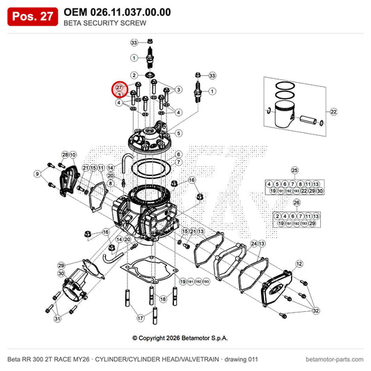 BETA SECURITY SCREW – OEM 026.11.037.00.00, position 27 on the Beta RR 300 2T RACE MY26 cylinder/cylinder head/valvetrain drawing