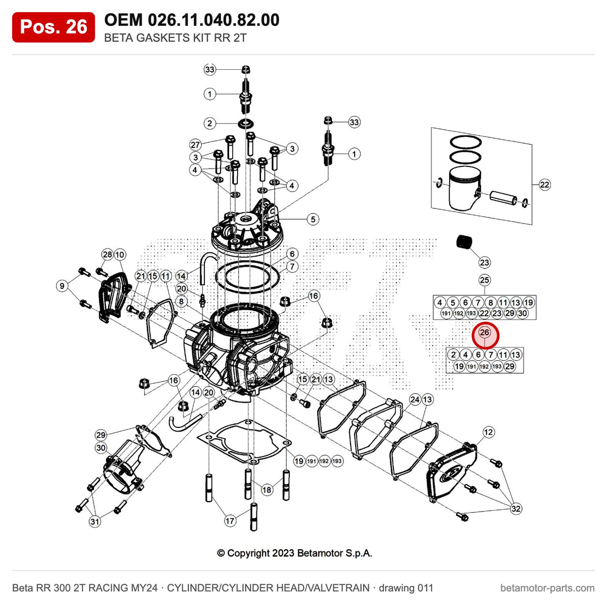 BETA GASKETS KIT RR 2T – OEM 026.11.040.82.00, position 26 on the Beta RR 300 2T RACING MY24 cylinder/cylinder head/valvetrain drawing
