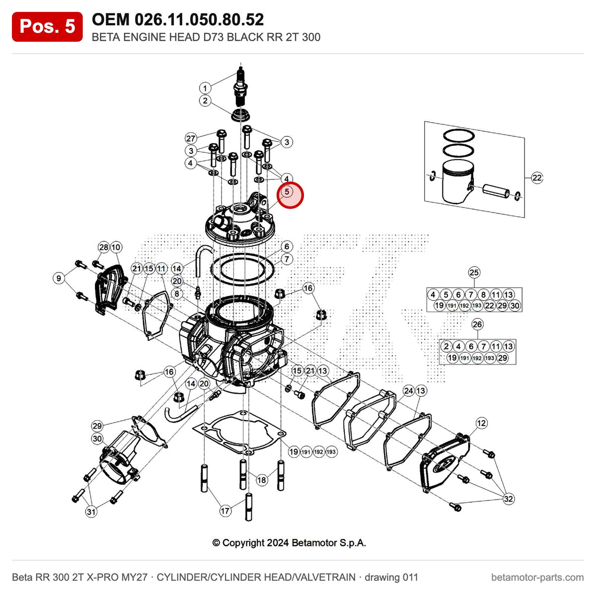 BETA ENGINE HEAD D73 BLACK RR 2T 300 – OEM 026.11.050.80.52, position 5 on the Beta RR 300 2T X-PRO MY27 cylinder/cylinder head/valvetrain drawing
