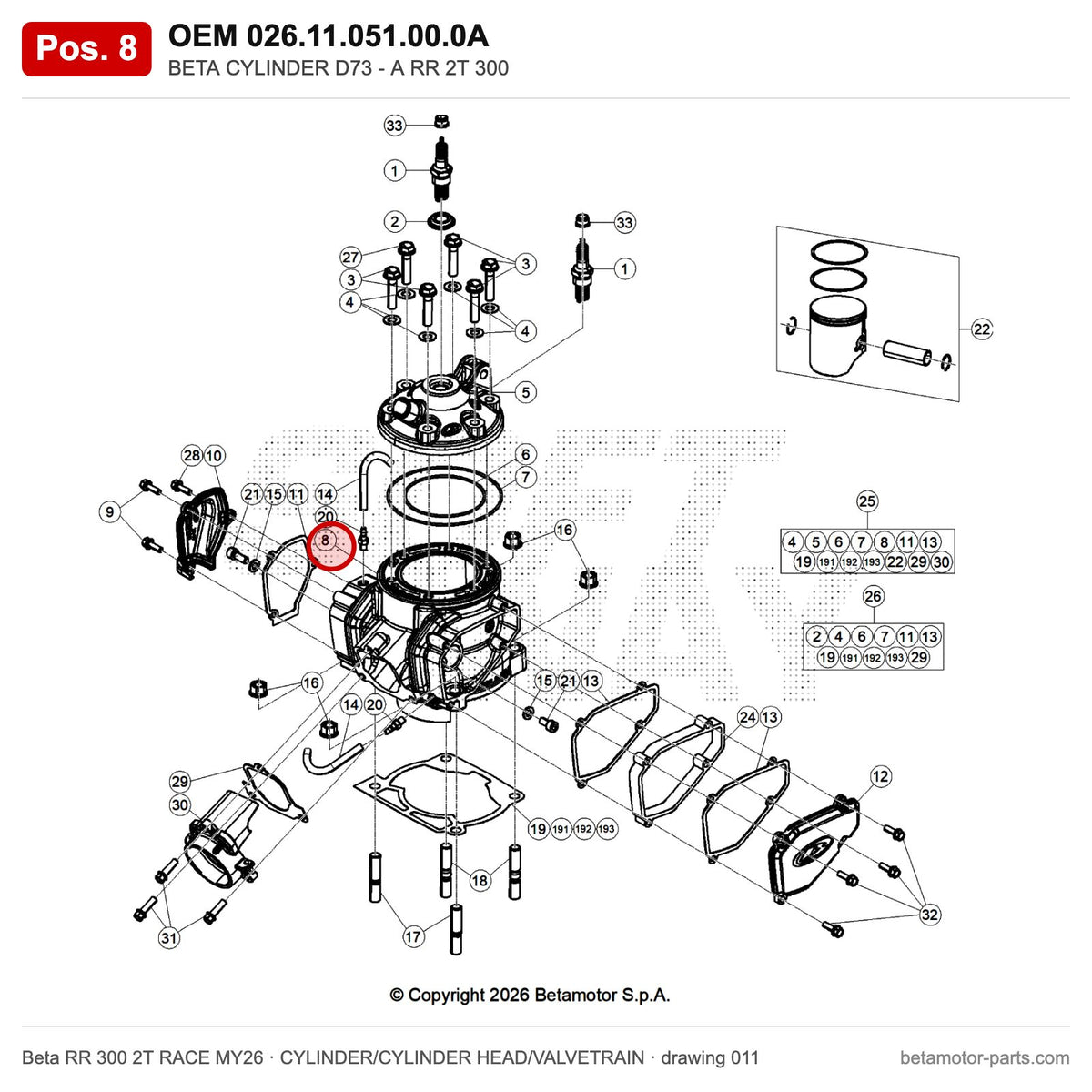 BETA CYLINDER D73 - A RR 2T 300 – OEM 026.11.051.00.0A, position 8 on the Beta RR 300 2T RACE MY26 cylinder/cylinder head/valvetrain drawing