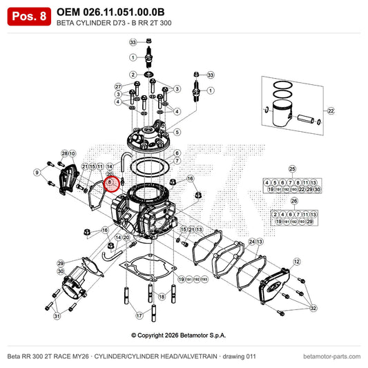 BETA CYLINDER D73 - B RR 2T 300 – OEM 026.11.051.00.0B, position 8 on the Beta RR 300 2T RACE MY26 cylinder/cylinder head/valvetrain drawing