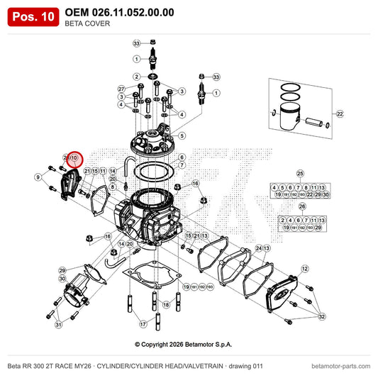 BETA COVER – OEM 026.11.052.00.00, position 10 on the Beta RR 300 2T RACE MY26 cylinder/cylinder head/valvetrain drawing