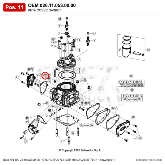 BETA COVER GASKET – OEM 026.11.053.00.00, position 11 on the Beta RR 300 2T RACE MY26 cylinder/cylinder head/valvetrain drawing