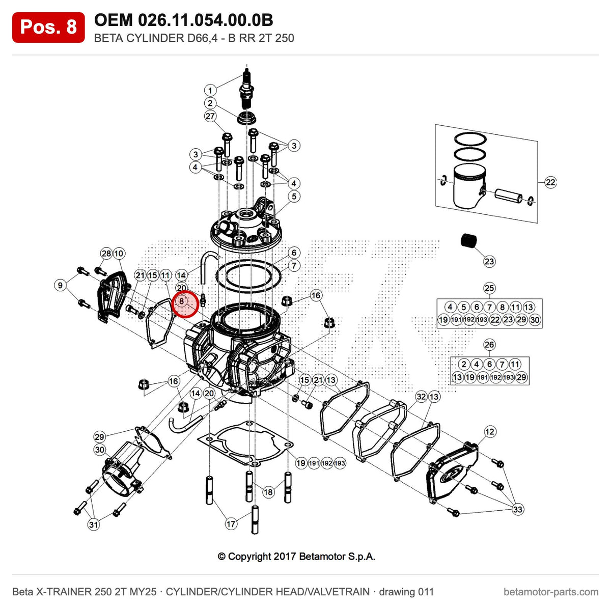 BETA CYLINDER D66,4 - B RR 2T 250 – OEM 026.11.054.00.0B, position 8 on the Beta X-TRAINER 250 2T MY25 cylinder/cylinder head/valvetrain drawing