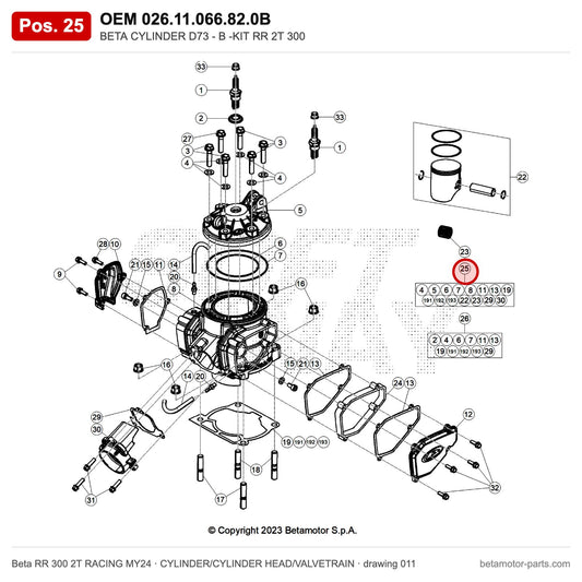 BETA CYLINDER D73 - B -KIT RR 2T 300 – OEM 026.11.066.82.0B, position 25 on the Beta RR 300 2T RACING MY24 cylinder/cylinder head/valvetrain drawing
