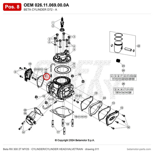 BETA CYLINDER D72 - A – OEM 026.11.069.00.0A, position 8 on the Beta RX 300 2T MY25 cylinder/cylinder head/valvetrain drawing