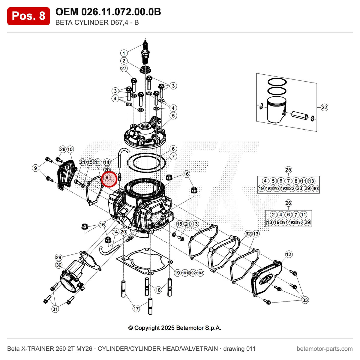BETA CYLINDER D67,4 - B – OEM 026.11.072.00.0B, position 8 on the Beta X-TRAINER 250 2T MY26 cylinder/cylinder head/valvetrain drawing