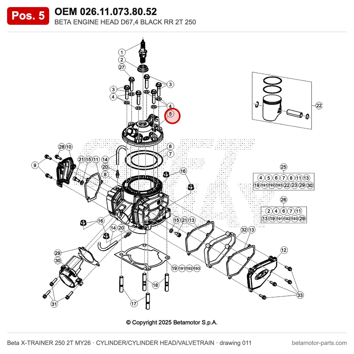 BETA ENGINE HEAD D67,4 BLACK RR 2T 250 – OEM 026.11.073.80.52, position 5 on the Beta X-TRAINER 250 2T MY26 cylinder/cylinder head/valvetrain drawing