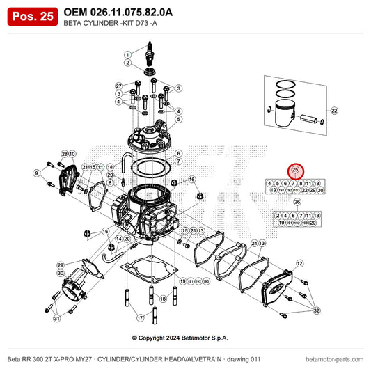BETA CYLINDER -KIT D73 -A – OEM 026.11.075.82.0A, position 25 on the Beta RR 300 2T X-PRO MY27 cylinder/cylinder head/valvetrain drawing