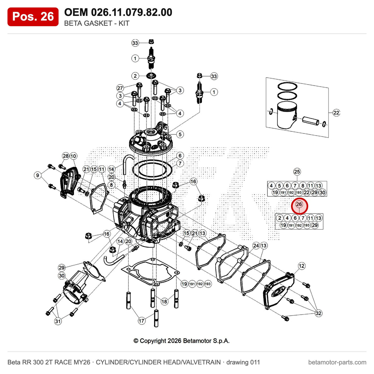 BETA GASKET - KIT – OEM 026.11.079.82.00, position 26 on the Beta RR 300 2T RACE MY26 cylinder/cylinder head/valvetrain drawing