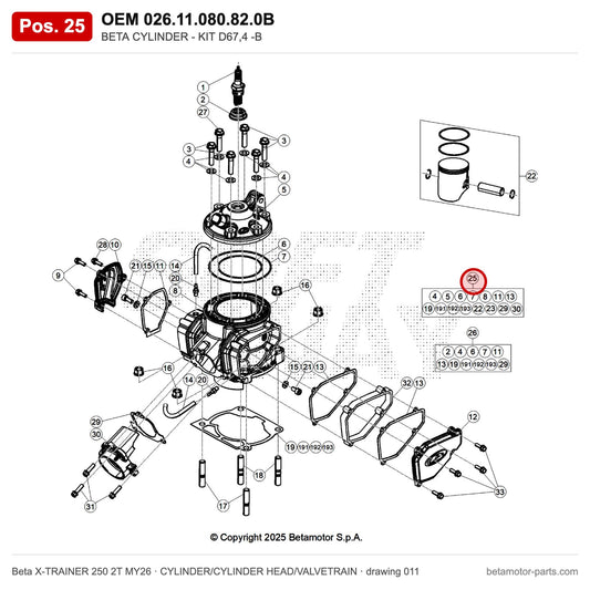 BETA CYLINDER - KIT D67,4 -B – OEM 026.11.080.82.0B, position 25 on the Beta X-TRAINER 250 2T MY26 cylinder/cylinder head/valvetrain drawing