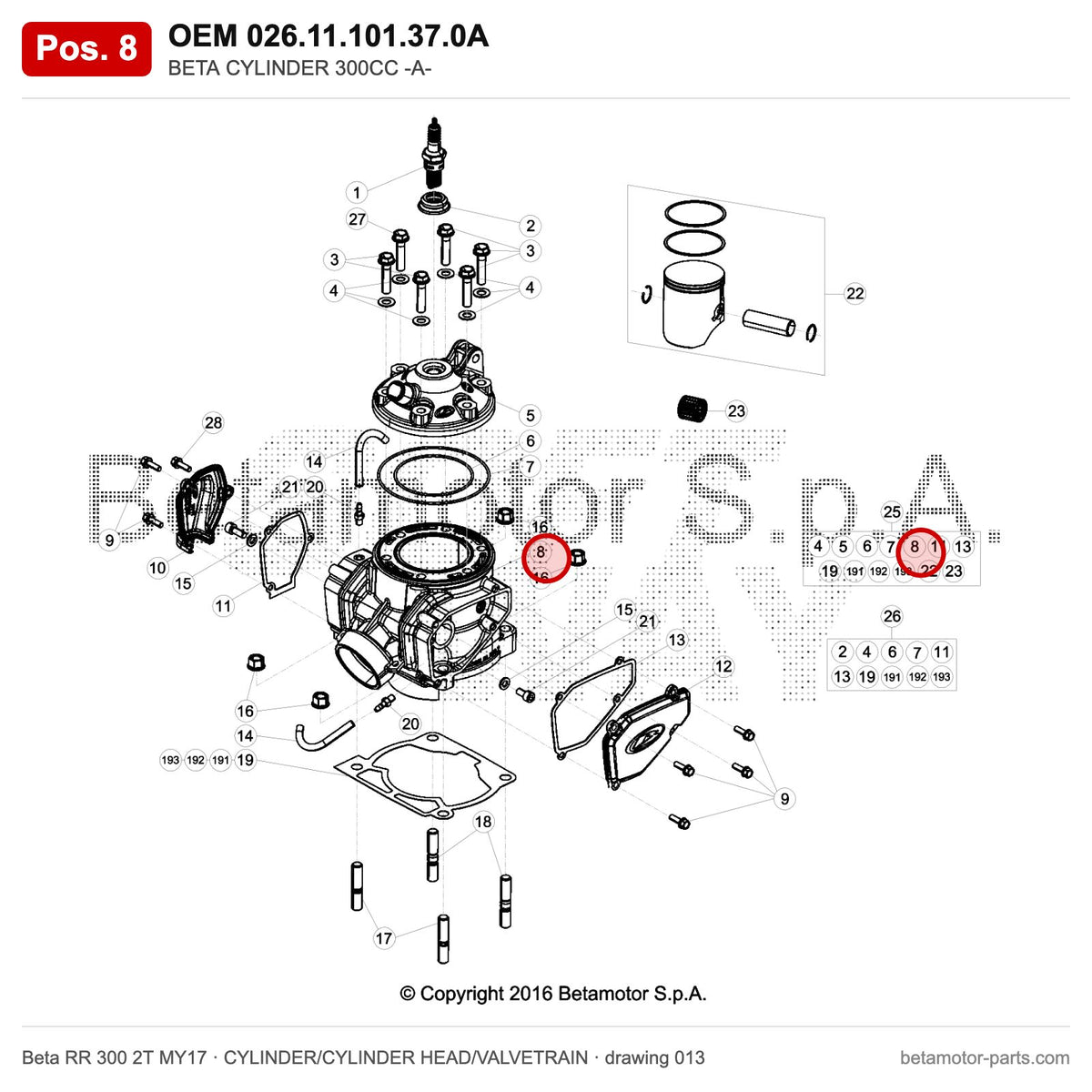 BETA CYLINDER 300CC -A- – OEM 026.11.101.37.0A, position 8 on the Beta RR 300 2T MY17 cylinder/cylinder head/valvetrain drawing